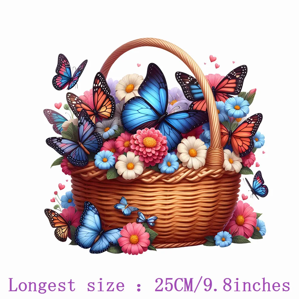 25cm Butterfly Flower Basket Ironing Heat Thermal Transfer Sticker Fusible Applique Iron On Thermoadhesive Decal For Clothes