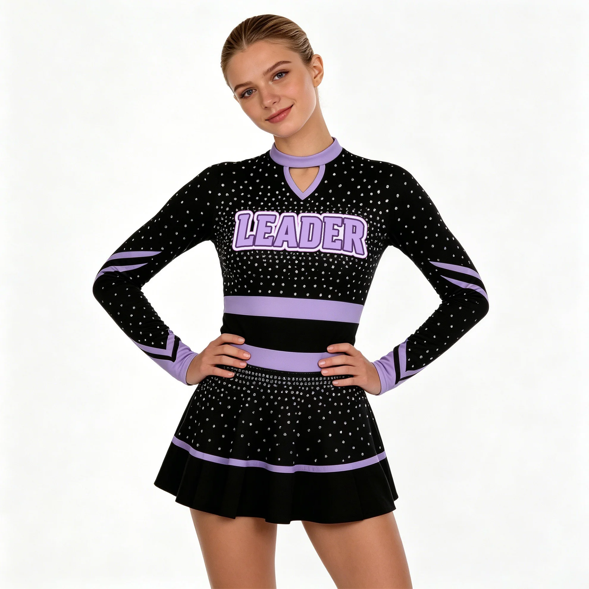 

Glam Black Purple Cheerleader Uniform Rhinestone Embellished Long Sleeve Leader Costume Skirt Shiny Performance Wear Dance Cheer