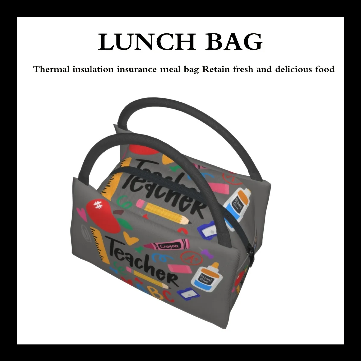 Stylish Teacher-Themed Insulated Lunch Bag - Durable Canvas Tote With Colorful School Prints,for School, Office, Travel, Picnics