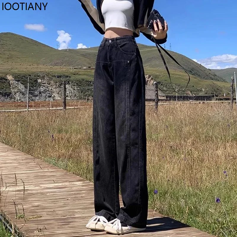 Ins Women's High Waist Wide Leg Layered Jeans Women's Y2k Loose Denim Straight Leg Pants Oversized Grey Black Loose Trousers