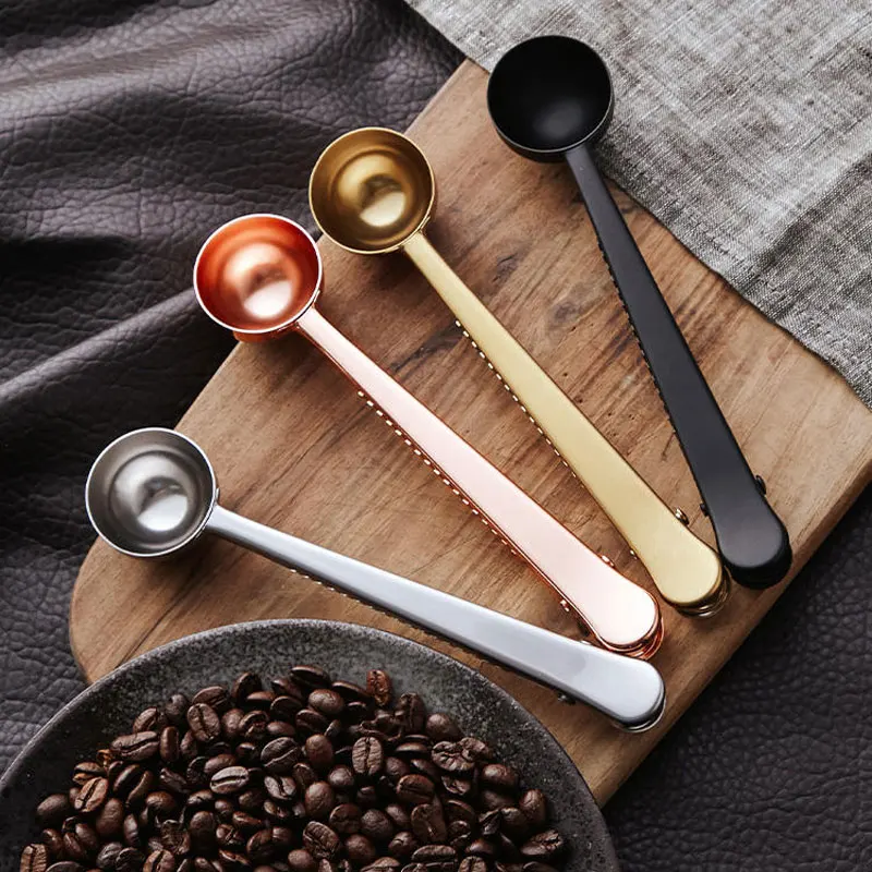 2 Pack Stainless Steel Coffee Spoon Sealing Clip Tea Scoop Kitchen Gold Accessories Recipient Cafe Ground Coffee Measuring Spoon