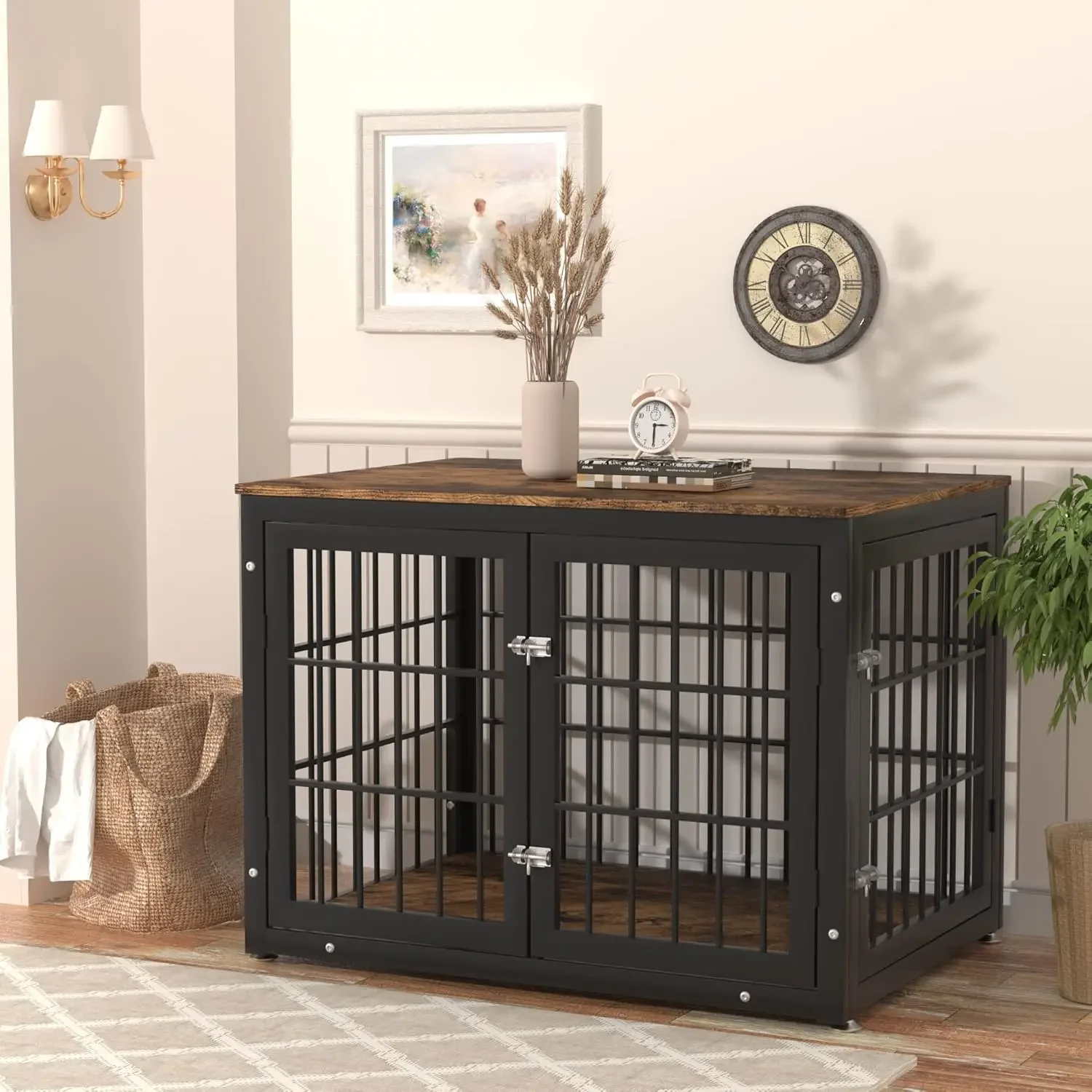 Rustic Heavy Duty Dog Crate Furniture for Large and Medium Dogs, Decorative Pet House End Table, Wooden Cage Kennel Furniture