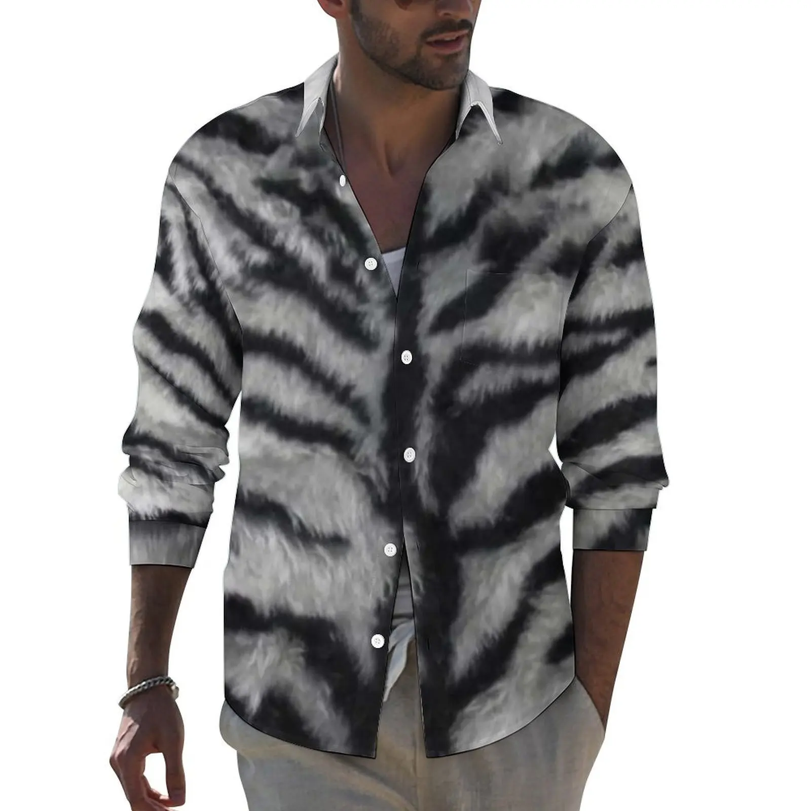 Animal Fur Print Shirt Black White Tiger Stripe Casual Shirts Long Sleeve Design Y2K Blouses Autumn Fashion Oversize Clothing