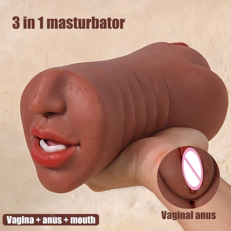 Oral Sex Toys for Men Male Masturbation Toys Penis Massage Brown Vagina Toy Adult Erotic 3 in 1 Man's Sex Life Soft Silicone Toy