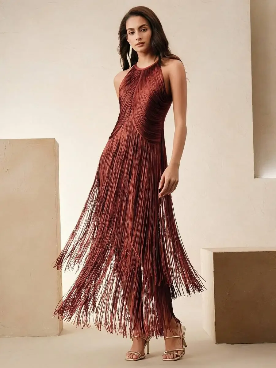 

Elegant Halter Neck Fringe Maxi Dress for Summer Parties and Festivals