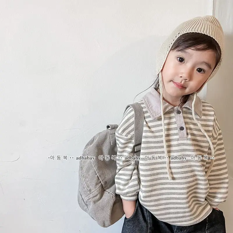 Kids Striped Collared Polo Shirt Long Sleeve Cotton Blend Top with Buttons Preppy Style Fashion Ventilate Outfit for Toddlers