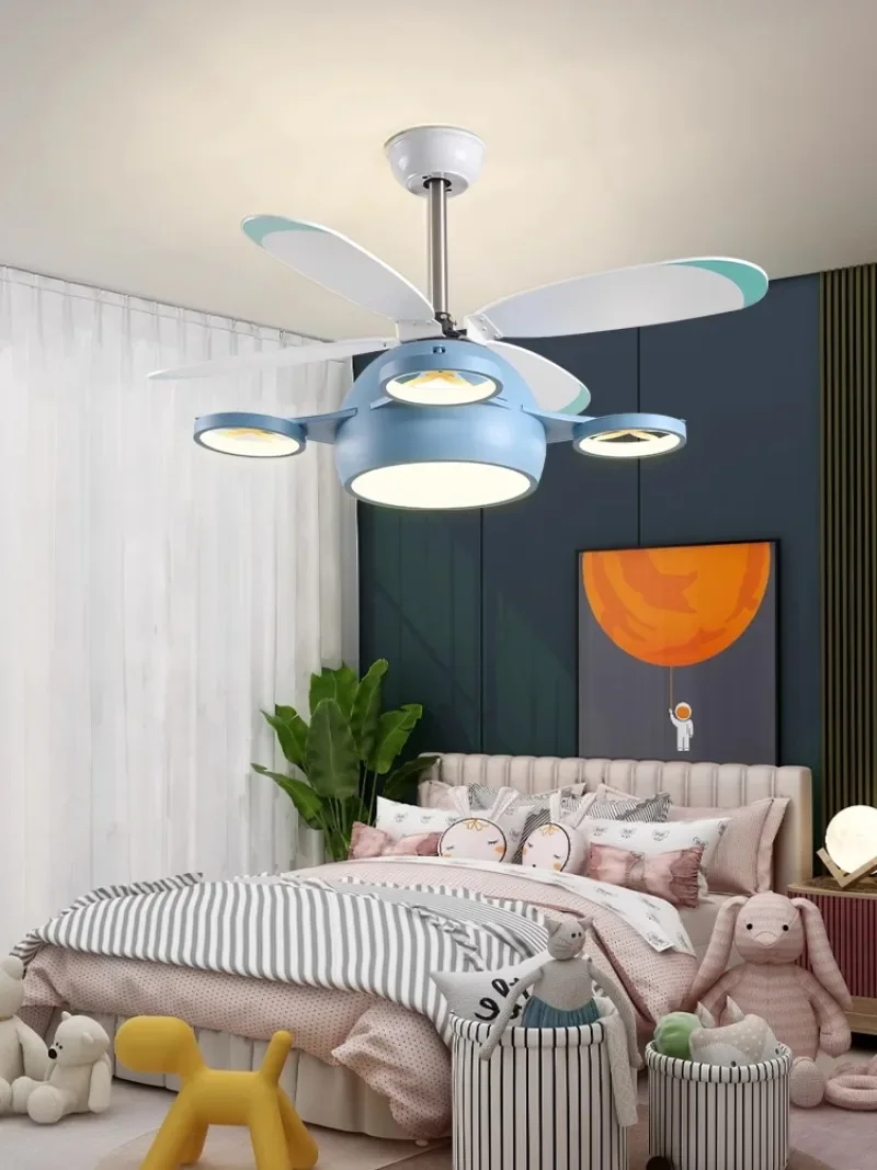 Modern and minimalist room fan lights for children's rooms, creative and personalized cartoon airplane ceiling fan lights