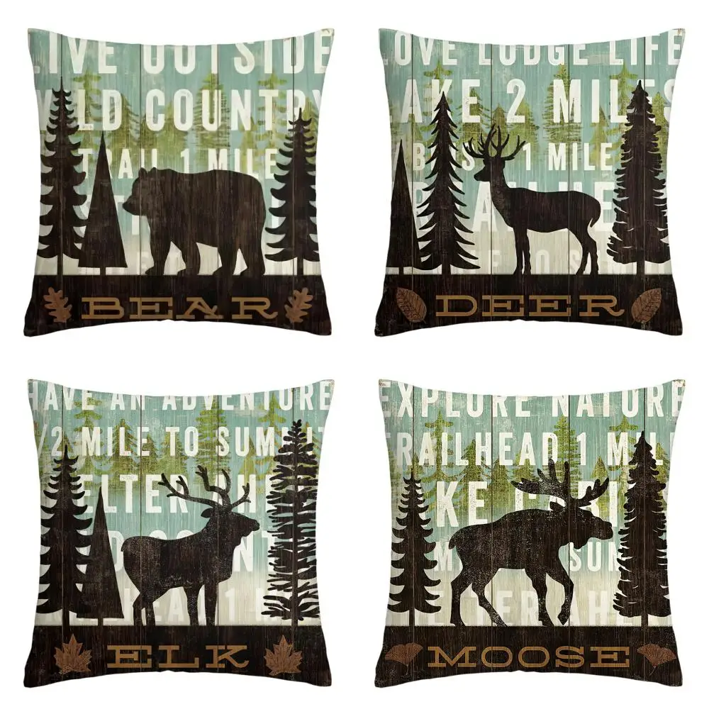 Wood plank background Elk bear pillowcase, living room sofa cushion cover, 60x60 can be customized, your home decoration