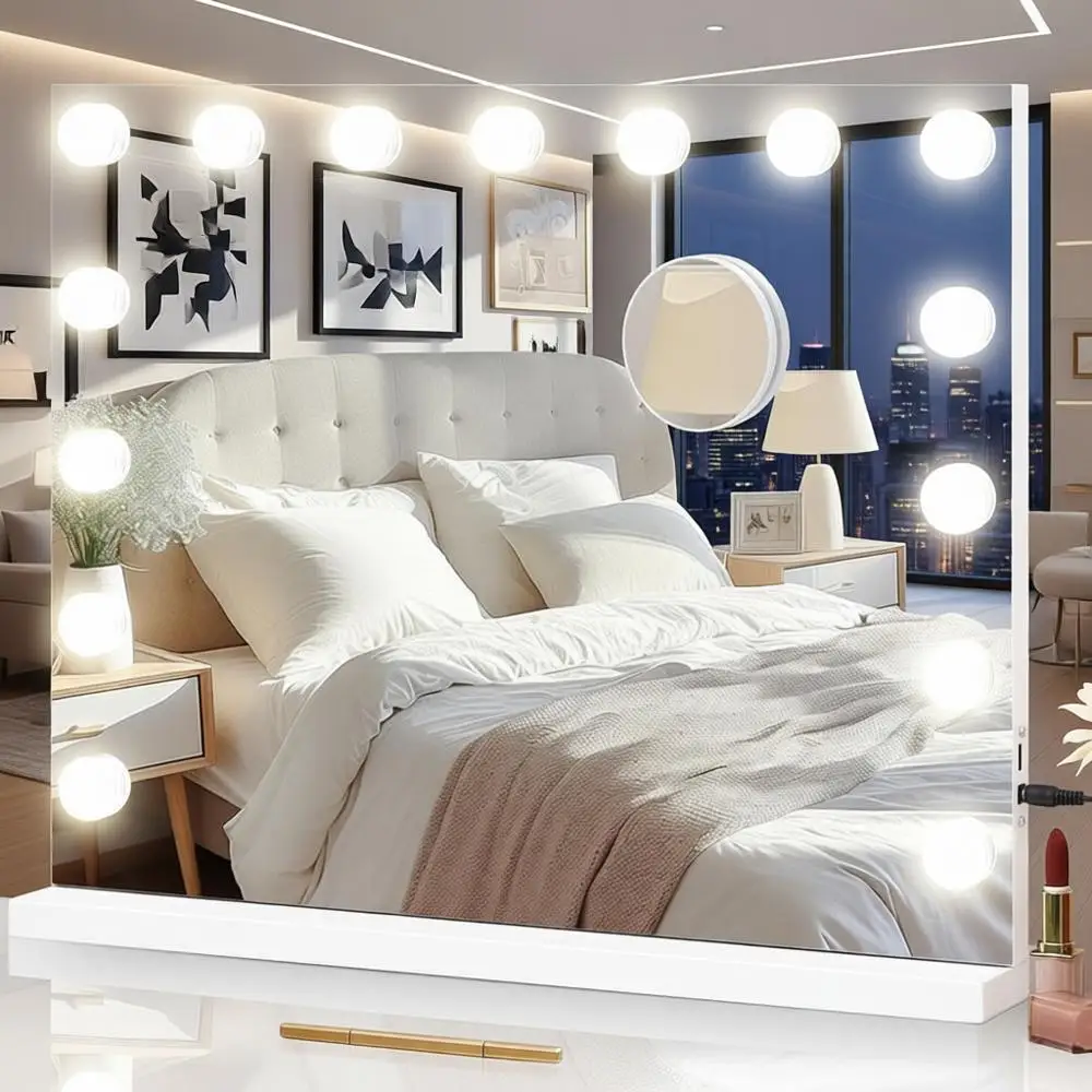 

LED Lighted Makeup Mirror, 15 Dimmable Bulbs, 3 Color Modes, USB Charging, Touch Control, Metal Frame, 24x18 Inch, White