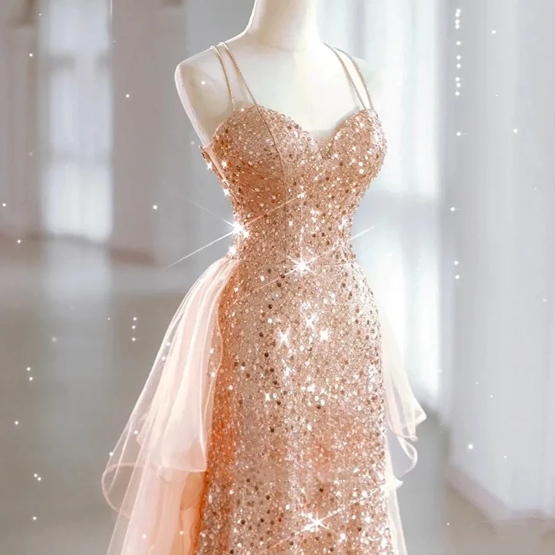 Роскошные вечерние платья цвета шампанского, золотое платье на тонких бретельках, русалка с бисером, лента с блестками, сексуальный шлейф, платье для невесты, пляжной вечеринки, выпускного вечера, 2025