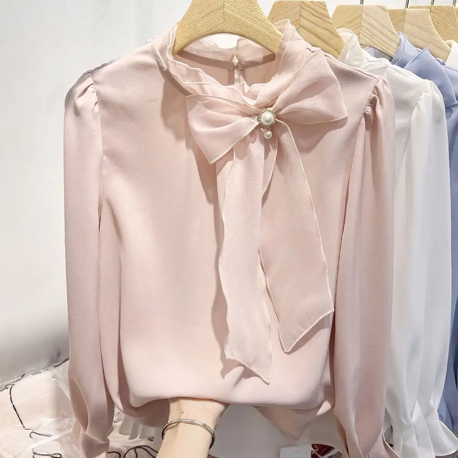 2024 Spring New Korean Temperament Solid Color Stand Collar Lacing Bow Pullover Long Sleeve Chiffon Blouse Women Clothing Shirts