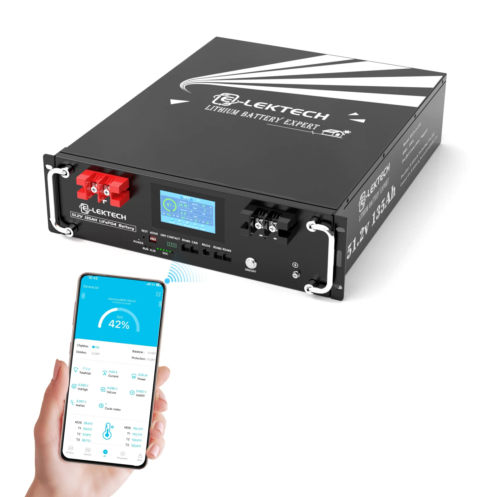 E-LEKTECH 51.2V 135Ah Rack Mount LiFePO4 Battery Bluetooth APP Monitor Built-in BMS Lithium Battery For Home Solar Off-Grid Energy Storage System