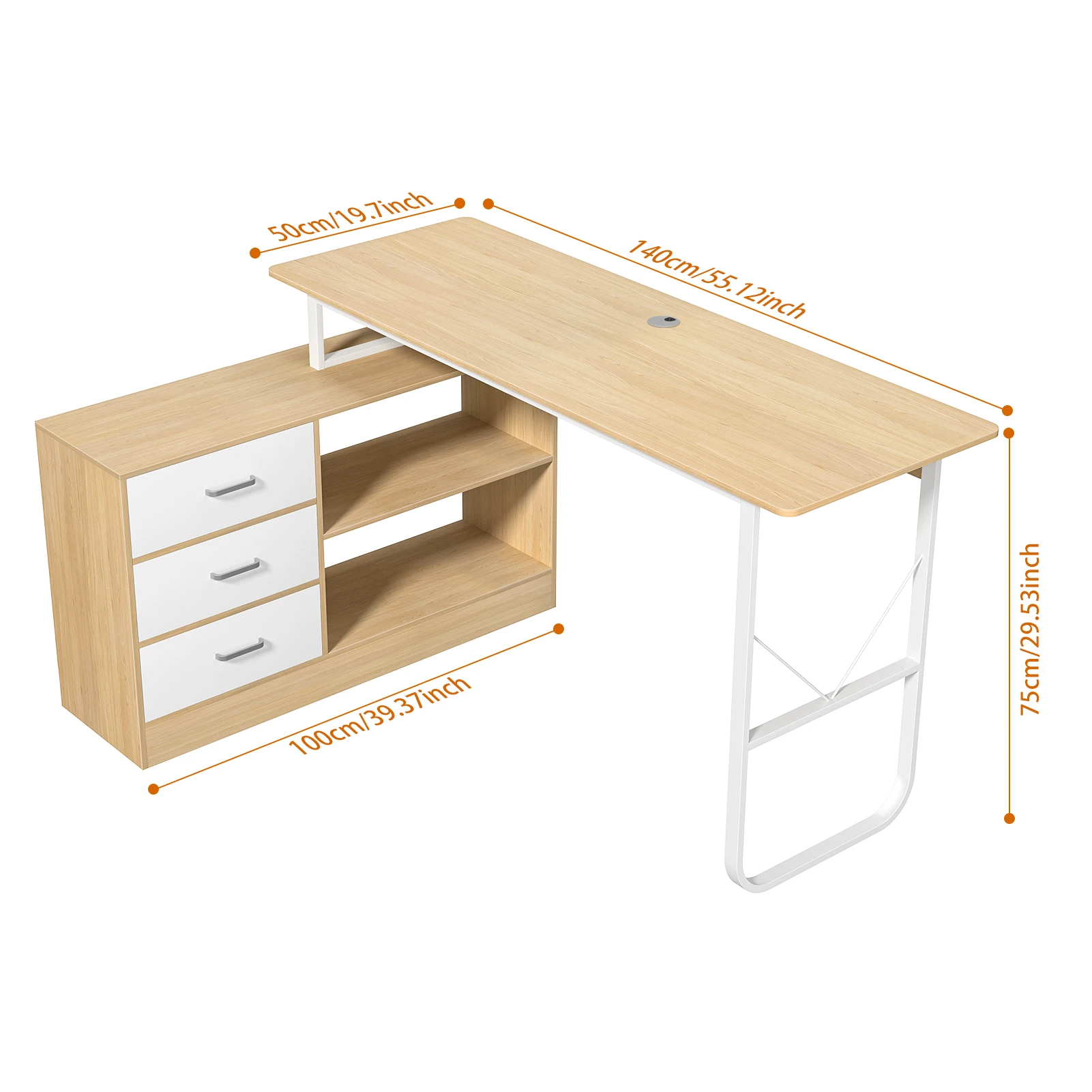 Home Office Computer Desk Corner Desk with 3 Drawers and 2 Shelves, 55 Inch Large L-Shaped Study Writing Table with Storage