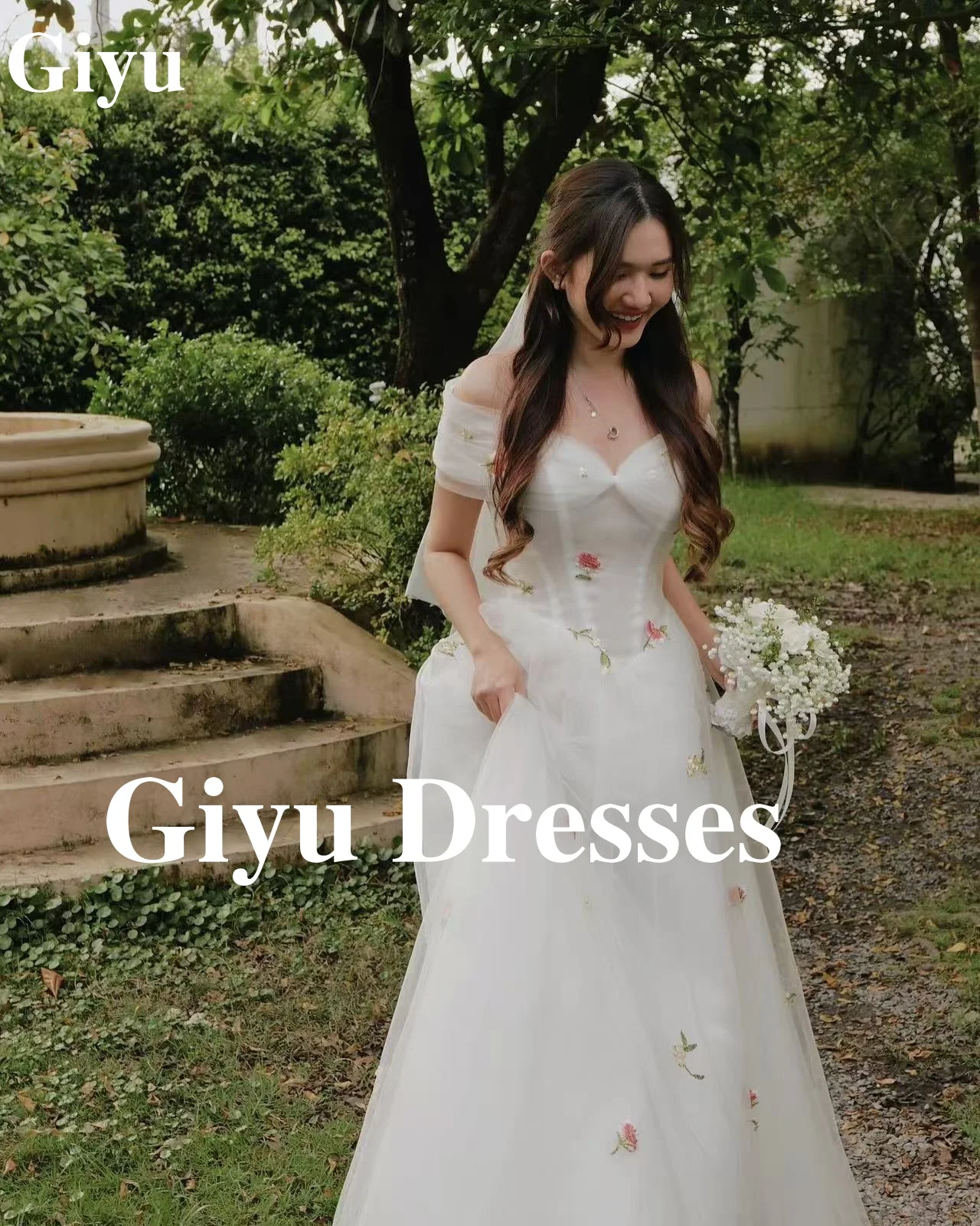 Giyu vestido de novia de tul blanco para mujer, fotografía coreana, sesión de fotos, hombros descubiertos, flor 3d, tren de barrido, vestidos de novia personalizados