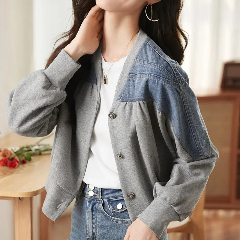 Short Grey Bomber Crop Outerwears Women\'s Denim Jackets Spring Autumn Patchwork Small Female Jeans Coat Deals Streetwear on Sale