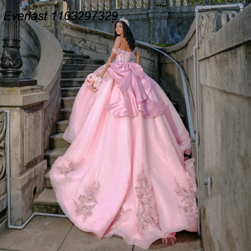 EVLAST-vestido De quinceañera rosa, vestido De baile, apliques De flores 3D, corsé De cuentas, México con lazo, dulce 16, 15 años, TQD648