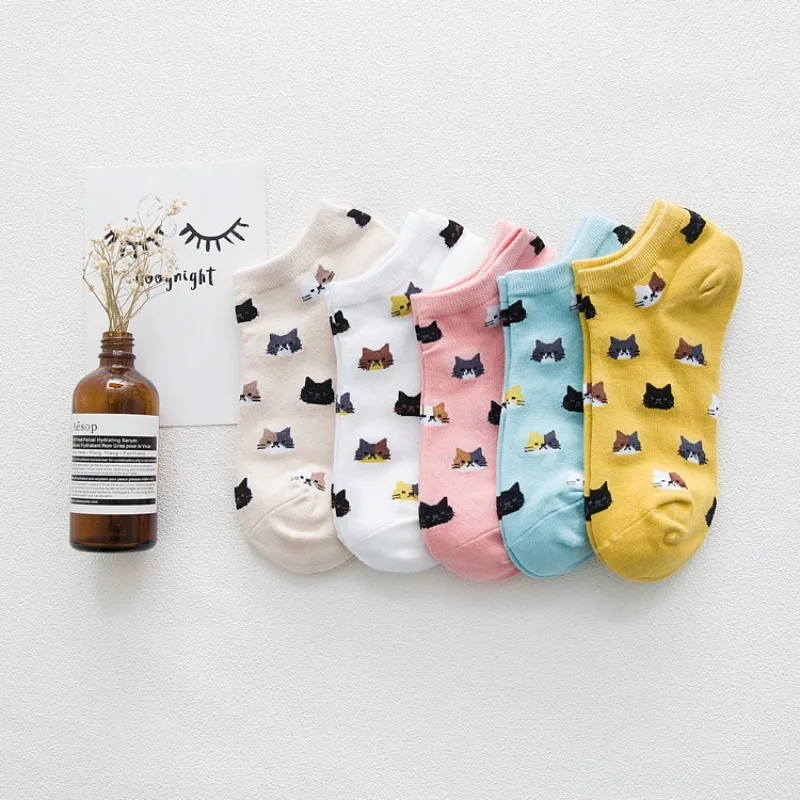 

5 Pairs Spring Summer Korean Style Invisible Socks Women's No-show Socks Cotton Colored Cartoon Cat Head Women Boat Socks 2025