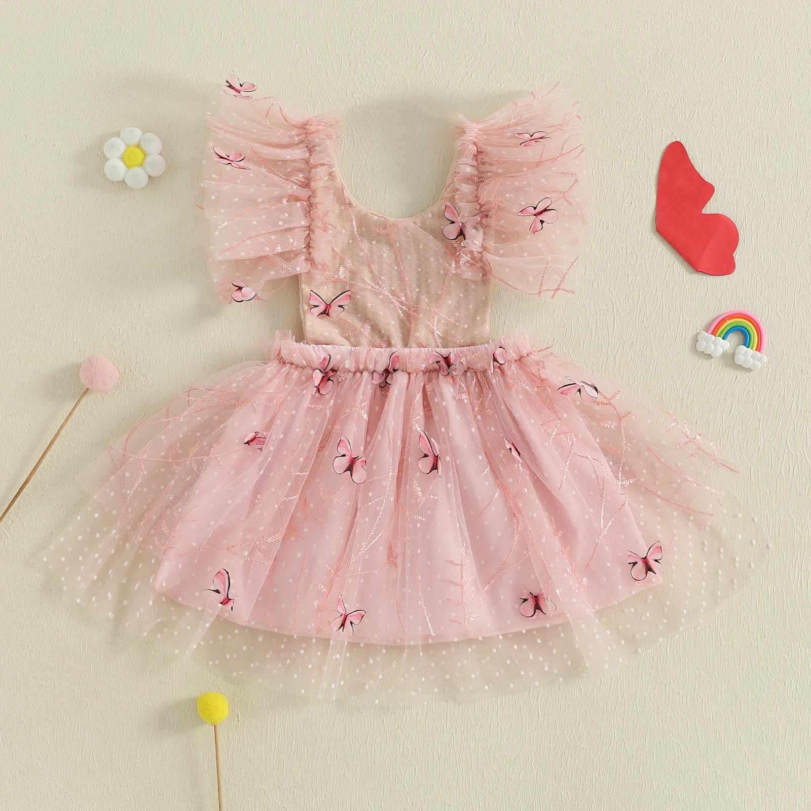 

3-24M Infant Baby Girls Summer Princess Dress Cute Flying Sleeve Butterfly Print A-line Tulle Dresses for Party Daily