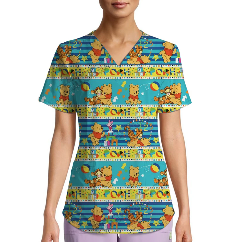 

V-neck Women's Tee Shirt Nurse Uniform Disney Pocket Aesthetic Clothing Korean Fashion Woman The Lion King Winnie Print Yk2 Kpop