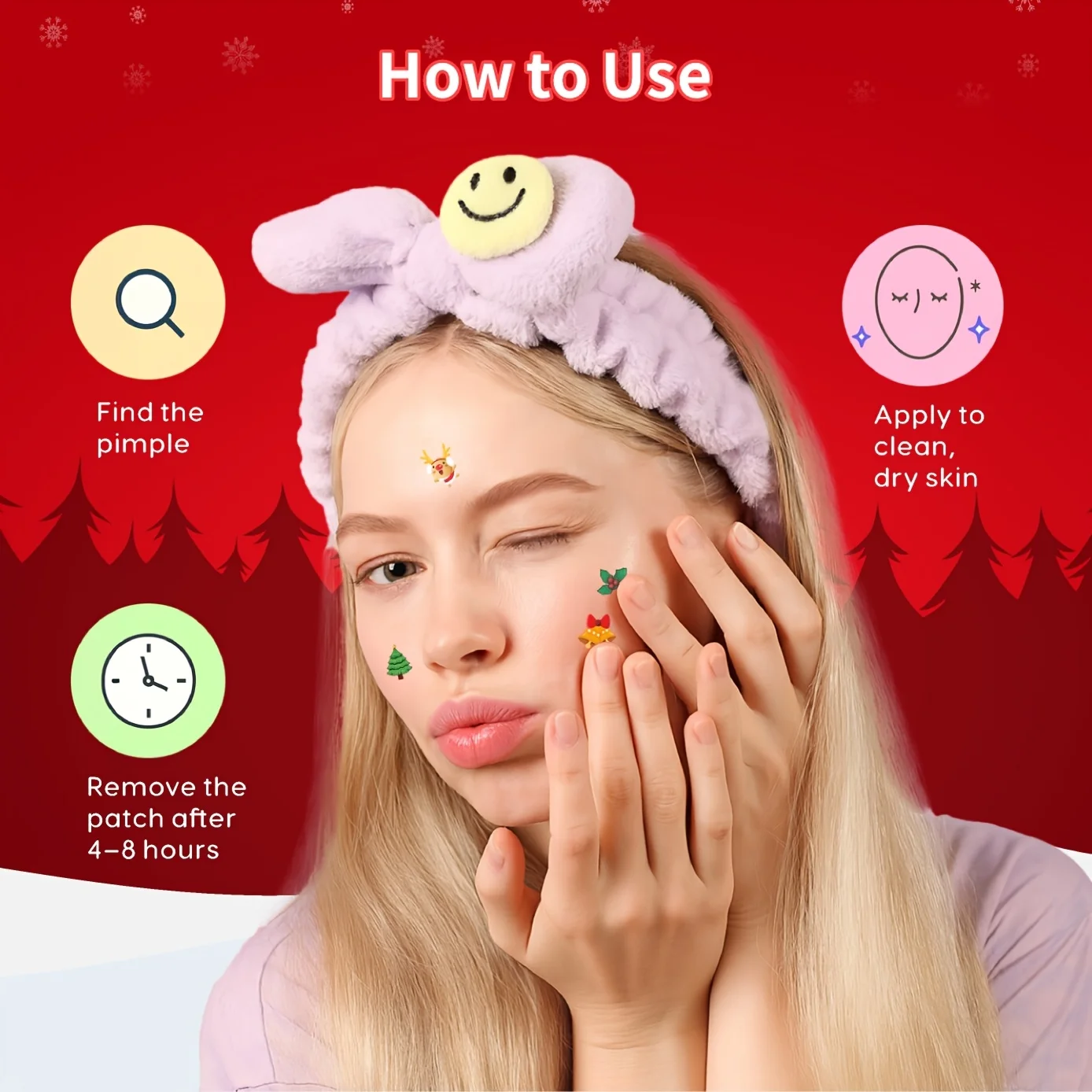 96 قطعة من رقعة حب الشباب ذات الغروانية المائية لعيد الميلاد، يخفف عيوب حب الشباب، وتميز التصميم اللطيف والالتصاق اللطيف