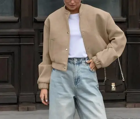 Women's Jacket 2025 Autumn/winter Flight Jacket Fashion Khaki Thick Small Stand Collar Woolen Coat Commuter Casual Jacket