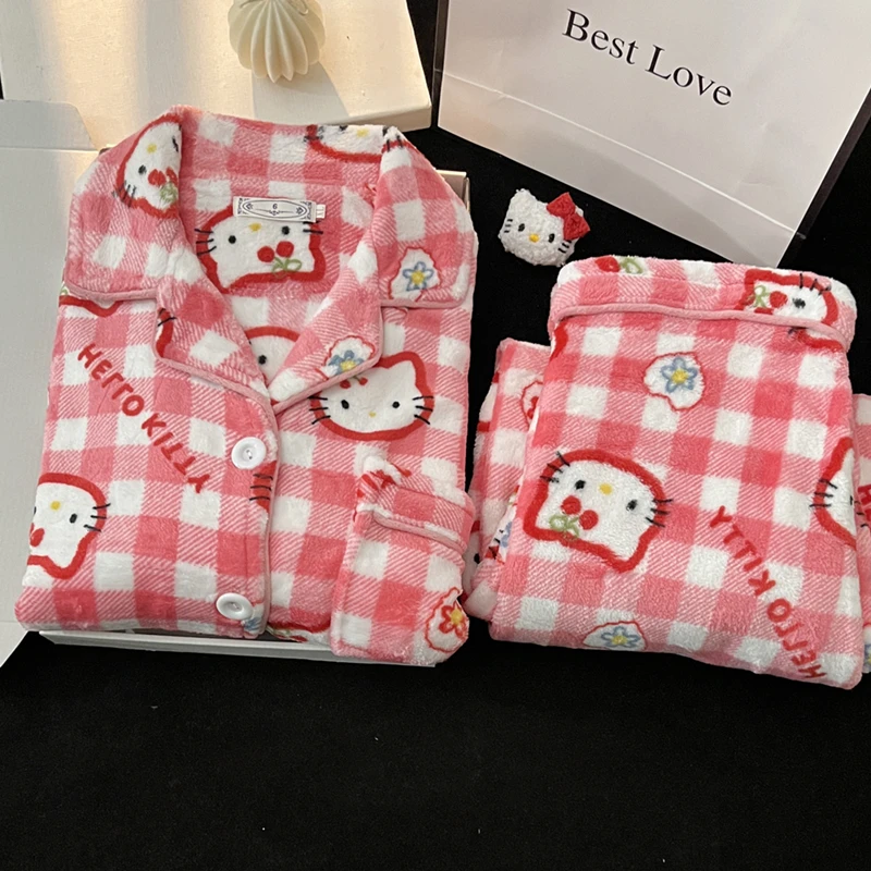 Winter Women's Hello Kitty Pajama Set Cartoon Flannel Pajamas Thickened Fluffy Plush Warm Comfortable Loose High Quality