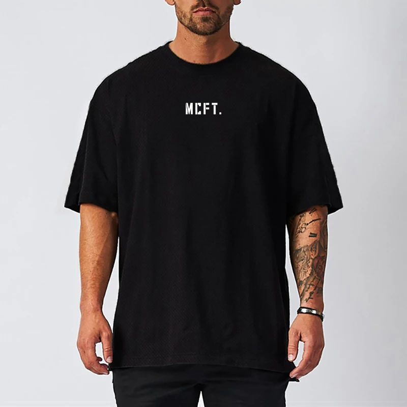 Oversized Half Sleeve Mens Running T-shirt Dropped Shoulder Loose Fitness Tees Summer Mesh Quick Dry Gym Bodybuilding Tops Tees