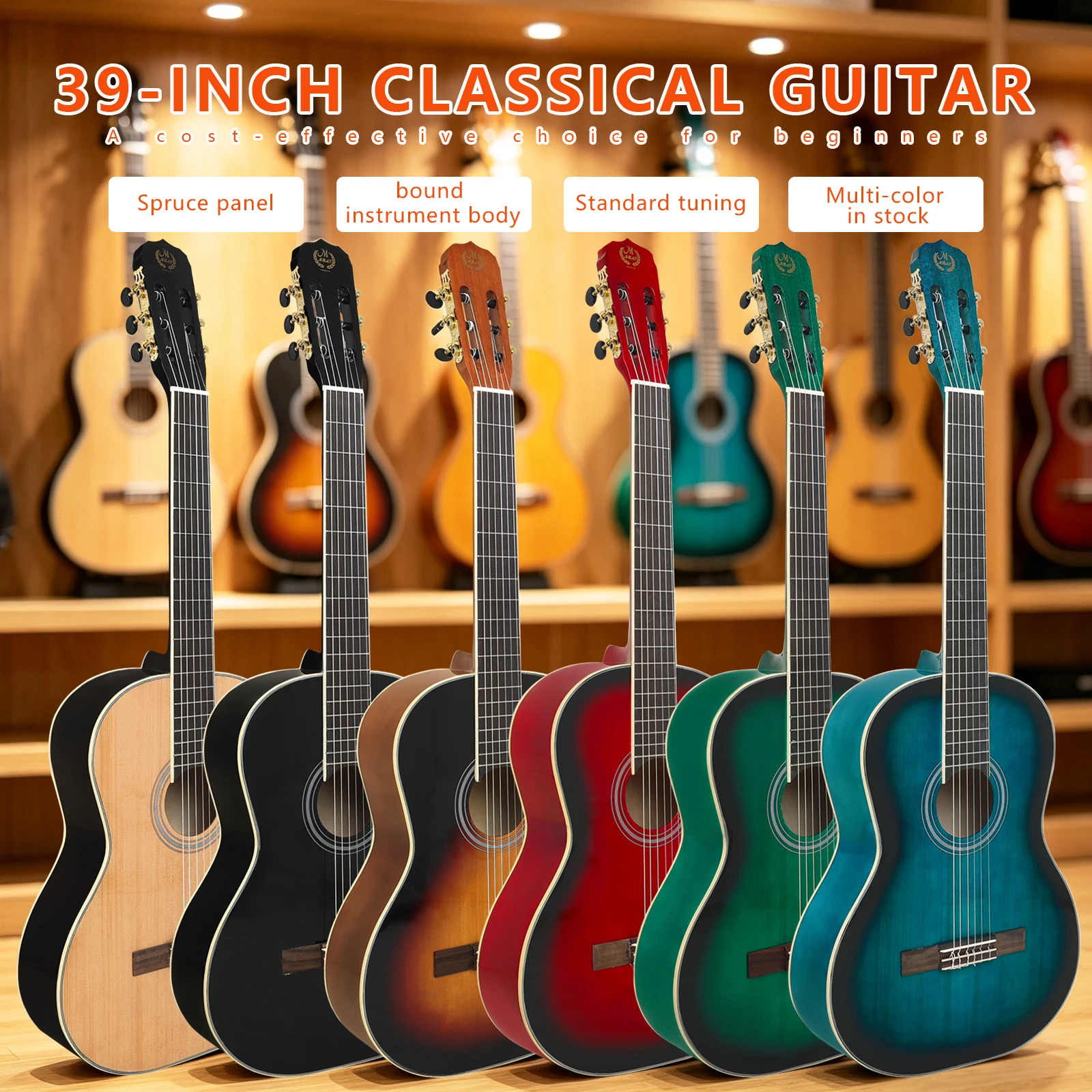 M MBAT 3990 39 Inch 19 Fret Classical Guitar Spruce Panel Classic Guitar Stringed Instrument with Bag Tuner Strap Accessories