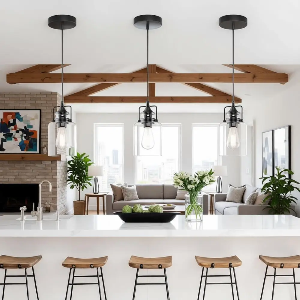 

3-Piece Modern Black Pendant Lights, 47 Kitchen Island Lighting, Adjustable Rope, Clear Glass Shades, E26 Base, Bulbs Not Includ