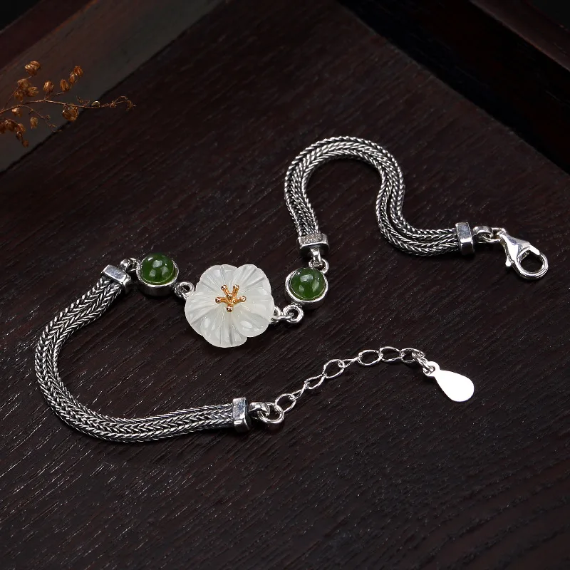 

S925 Pure Silver Bracelet for Women Natural Hetian White Natural Stone Lotus Woman's Thai Silver Bracelet