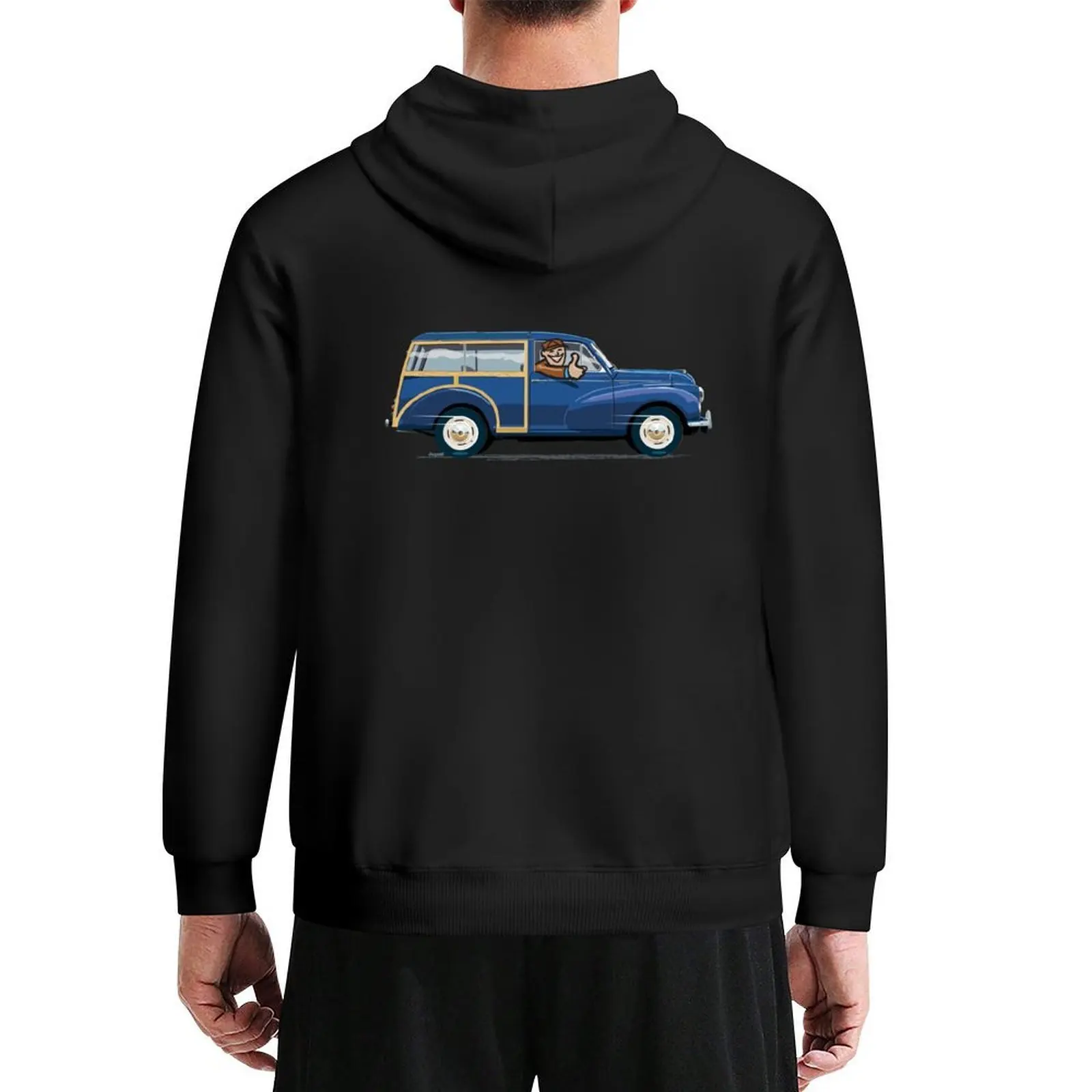 

Morris Minor Traveller in Trafalger Blue Hoodie clothes for men mens clothing men wear hoodies for men