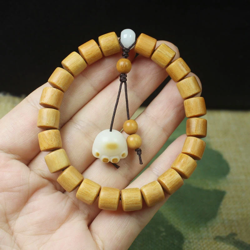 Sandalwood barrel beads 8mm bracelet with charcoal-burned cat paw tassels, unisex cultural prayer beads