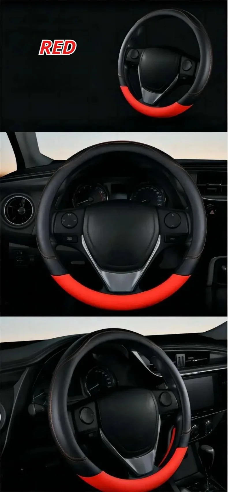 Kontrastfarbene Auto-Lenkradabdeckung aus PU-Leder, schweißabsorbierend, verschleißfest und rutschfest, universell für alle Jahreszeiten – Detail 13