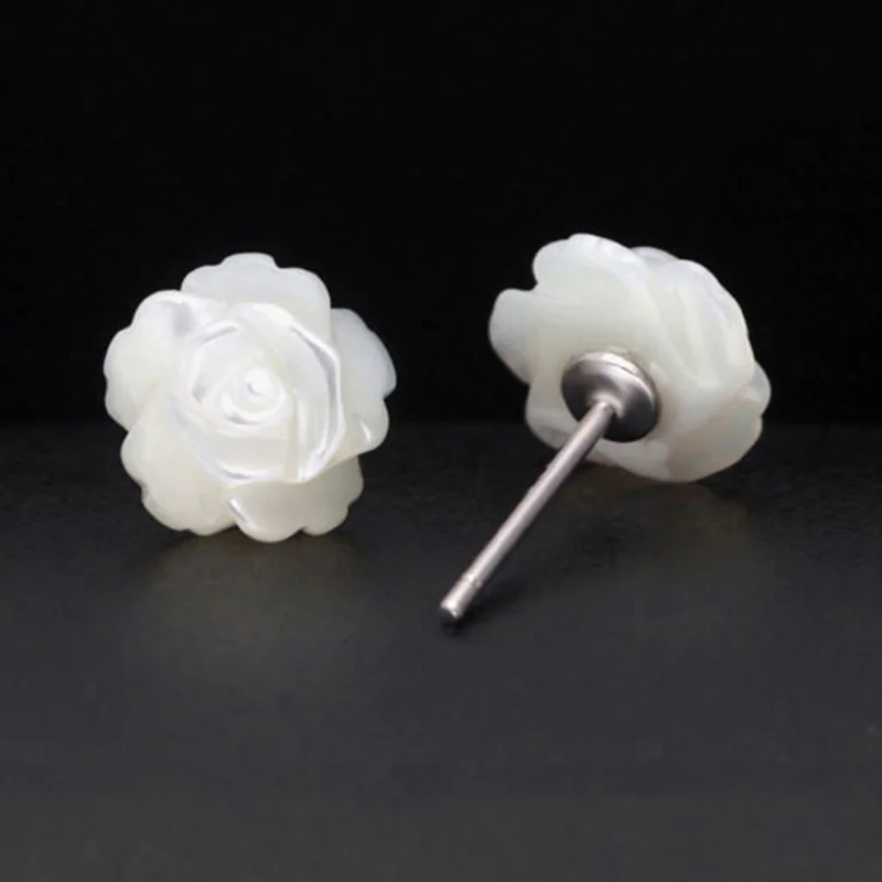 White Rose Stud Earrings Natural Mother of Pearl Shell Carved Flower 925 Sterling Silver Handmade Jewelry for Women