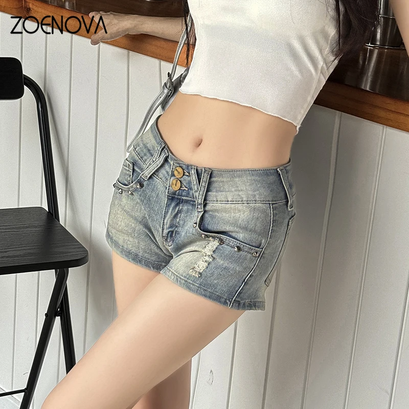 

ZOENOVA American Retro Women's Denim Shorts Street Fashion Ladies Summer New Low Waist Slim A Line Sexy Hottie Casual Y2K Jeans