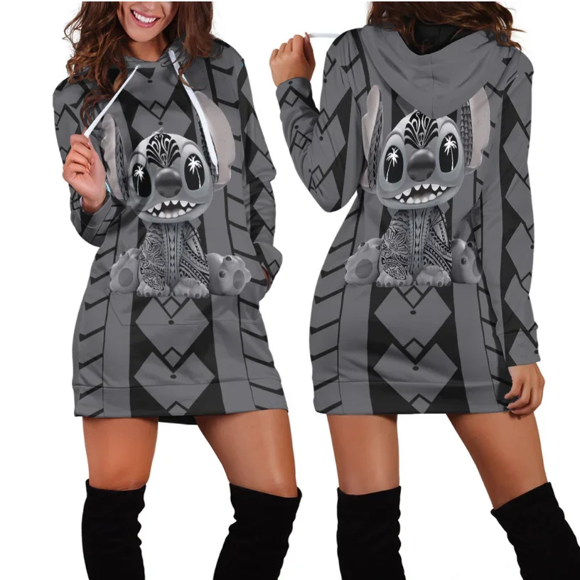 2024 Disney Stitch Women Hoodie Dress Sweater Fashion Disney Dress Sweatshirt Dress 3d Allover Printed Hoodie For Women