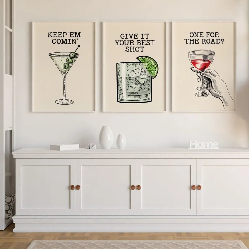 (No frame)Cheers Theme Vintage Poster Martini Tequila Vodka Cocktail Alcohol Canvas Painting Wall Art for Bar Cart Living Roo