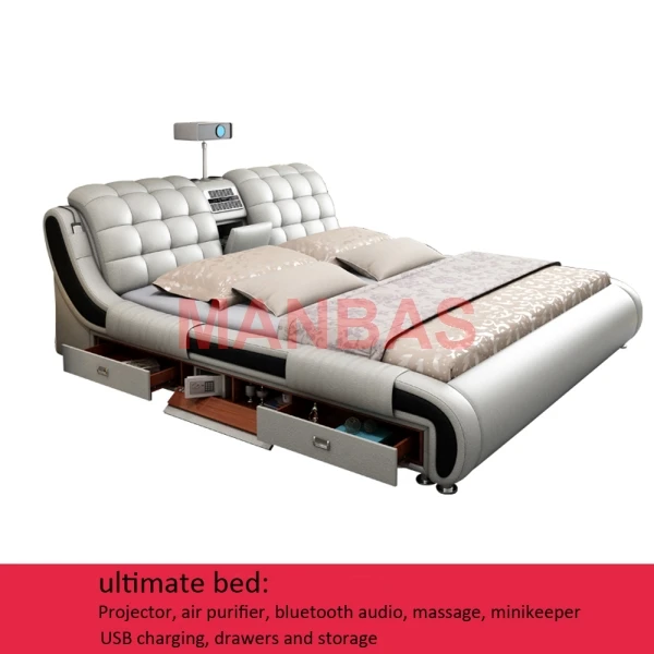 Łóżko wielofunkcyjne Tech Smart Beds Ultimate Camas TATAMI Masaż Litowe łóżko z prawdziwej skóry z dźwiękiem, projektorem i oczyszczaczem powietrza