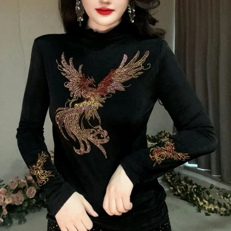 Women Clothing 2024 Autumn Winter Vintage Fashion Rhinestone High Collar T-shirt Black Elegant Long Sleeve Slim Thick Basic Tops