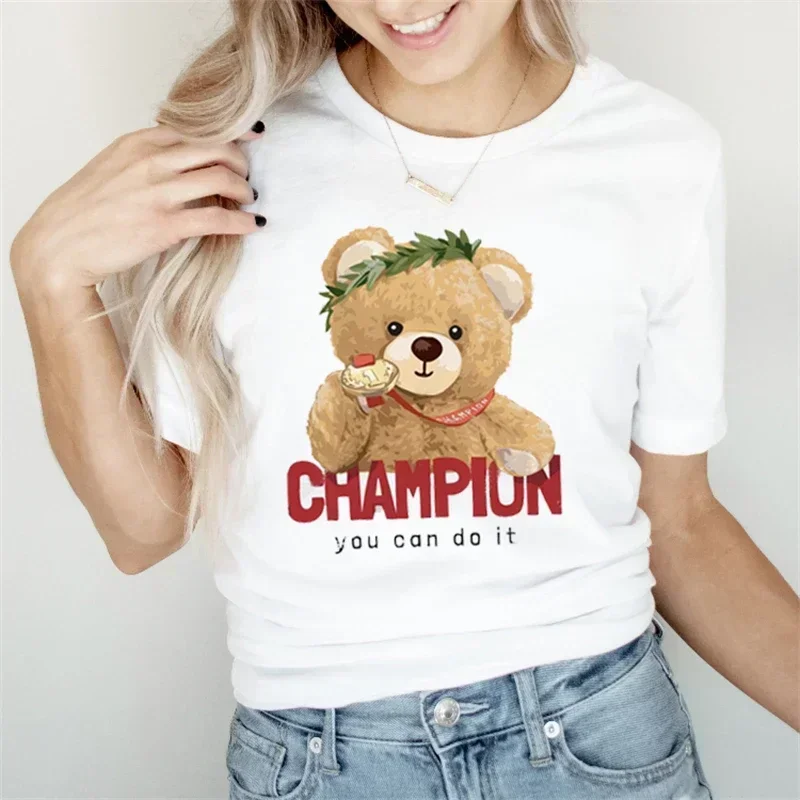 Summer Women\'S Fun Cute Girl Bear Print T-Shirt Women\'S Fashion Clothing Pattern T-Shirt Leisure Women\'S Simple Short Sleeve T-S