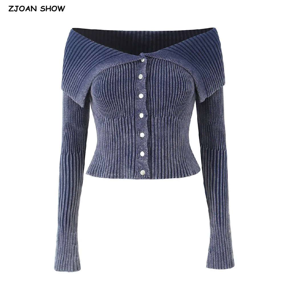 2024 Autumn American Retro Rib Knitted Off the Shoulder Cardigan Women Full Sleeve Covered Buttons Slim Stretch Knitwear Jumper