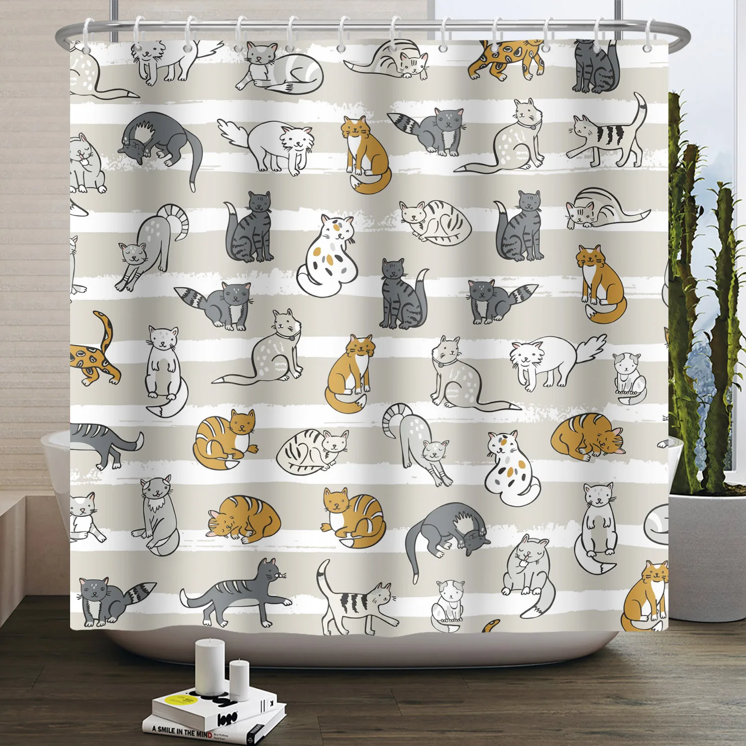 Cute Cat Pattern Shower Curtain Multifunctional Bathroom Partition Curtain Bath Decoration Waterproof Hanging Curtain With Hooks