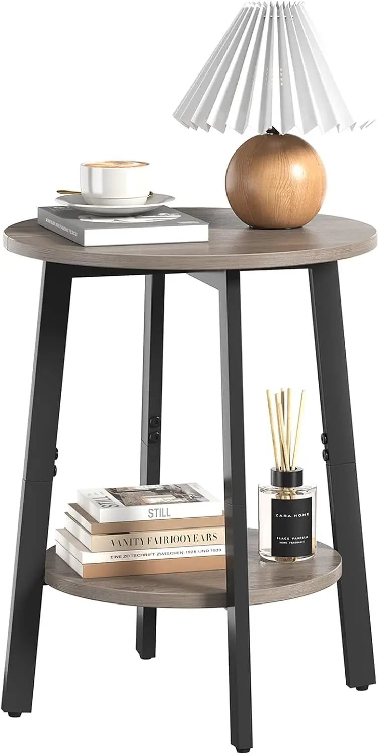 

Side Table, Small Round End Table with Storage Shelf for Small Space, 2-Tier Bedside Table Sofa Couch Table, Round Accent Tab