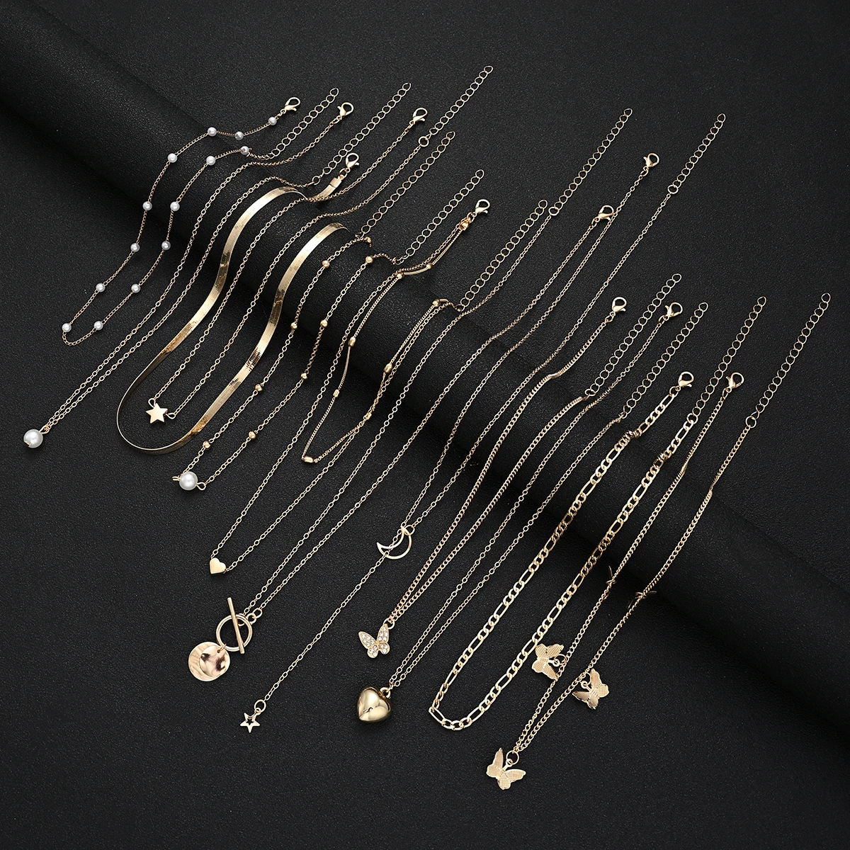 12/6/3 Pcs Gold Color Necklace Set for Women Heart Butterfly Star Moon Rhinestone Pearl Pendant Layered Chain Fashion Jewelry