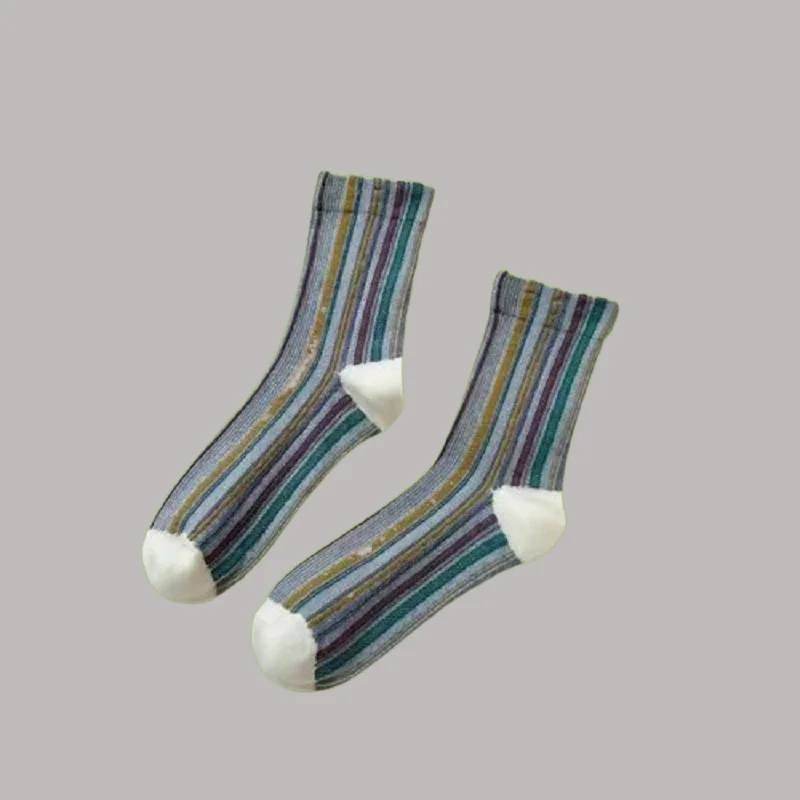 5/10 Pairs Women's Bag One Size Retro Middle-Tube Socks Autumn and Winter New Japanese Cotton Tea Color Striped Mixed Bag Socks