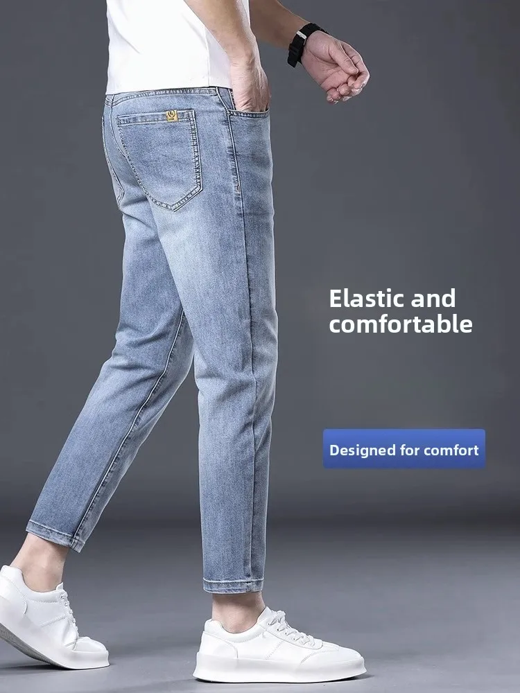 

Light Blue Men's Straight Leg Jeans Nine-Tenths Pants Elastic Slim Fit Autumn Capri Casual Cotton Stretch Denim mid Waist
