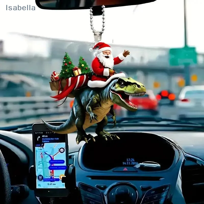 ♥Funny Santa Riding T-Rex 2D Flat Acrylic Christmas Ornament  Novelty Holiday Tree Decoration for Festive Home Decor