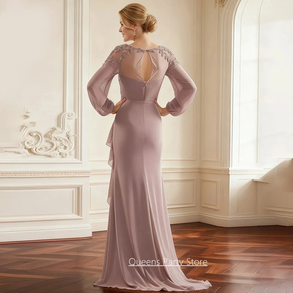 Customized Mermaid Mother of The Bride Dress Modern Puff Sleeves V Neck Beading Applique Sweep Train Wedding Party Gown
