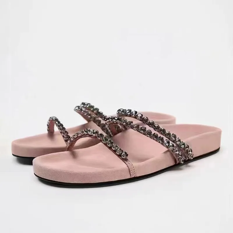 

TRAF Rhinestone Line Upper Flatform Slippers Women New Casual Outdoor Slipper Shoes Pink Round Head Open Toe Sandals For Woman