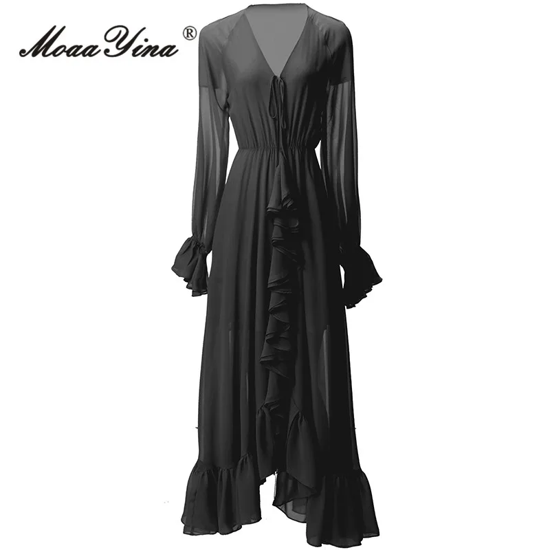 

MoaaYina Autumn Fashion Designer Black Vintage Party Dress Women Lantern Sleeve Frenulum Ruffles High Waist Slim Slit Long Dress